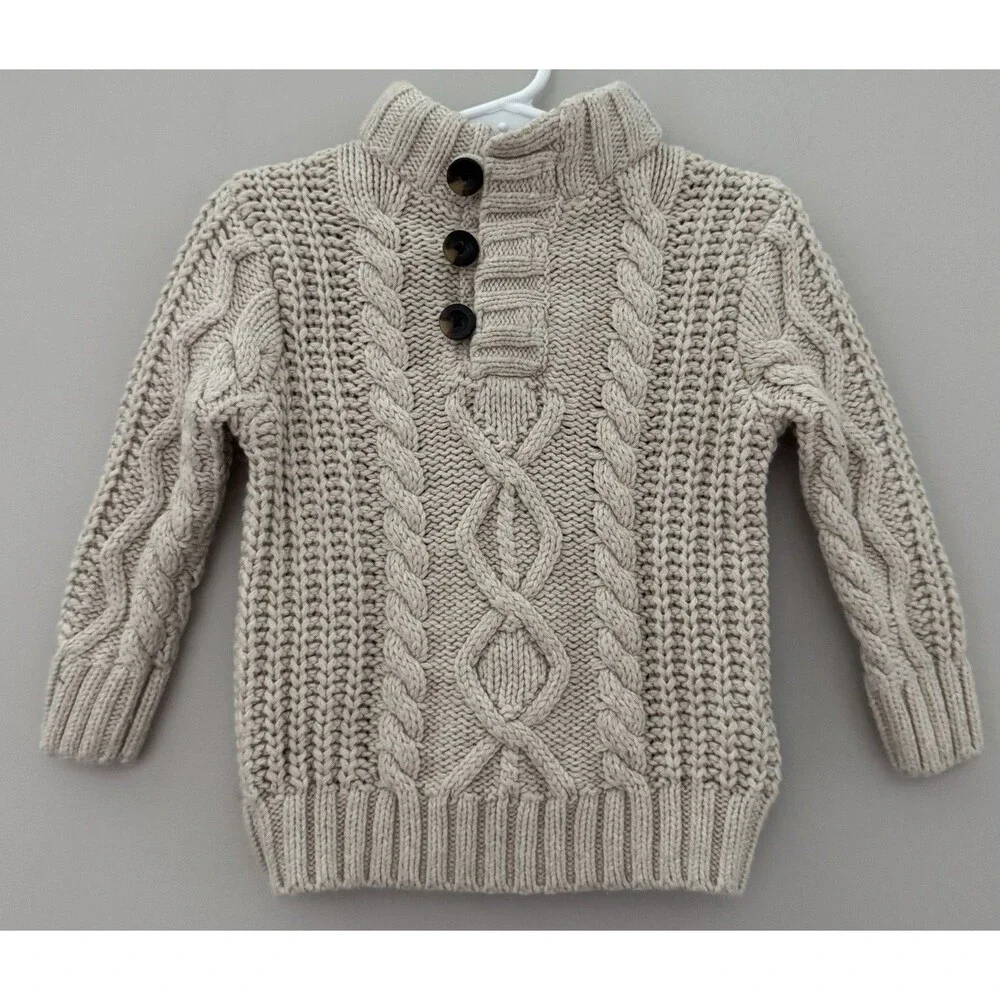 BabyGap Boys 12/18 Beige Cable Knit Sweater~Brown Sherpa Lined Collar